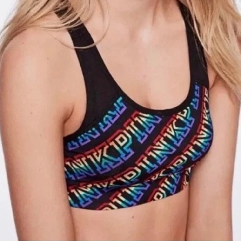 PINK Victoria's Secret Black Sports Bralette with Rainbow Logo